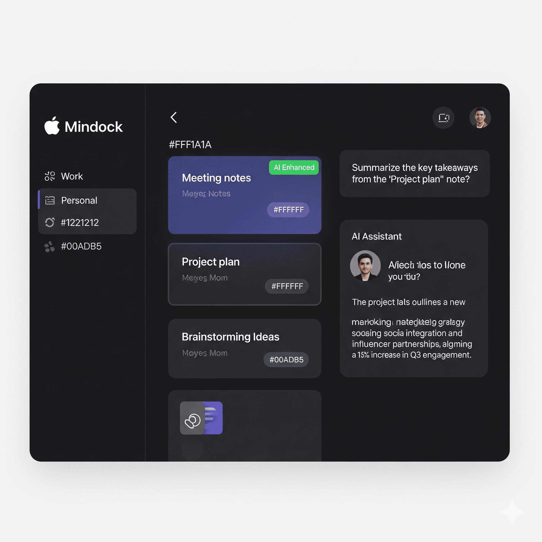 Mindock App Interface - Dark Mode